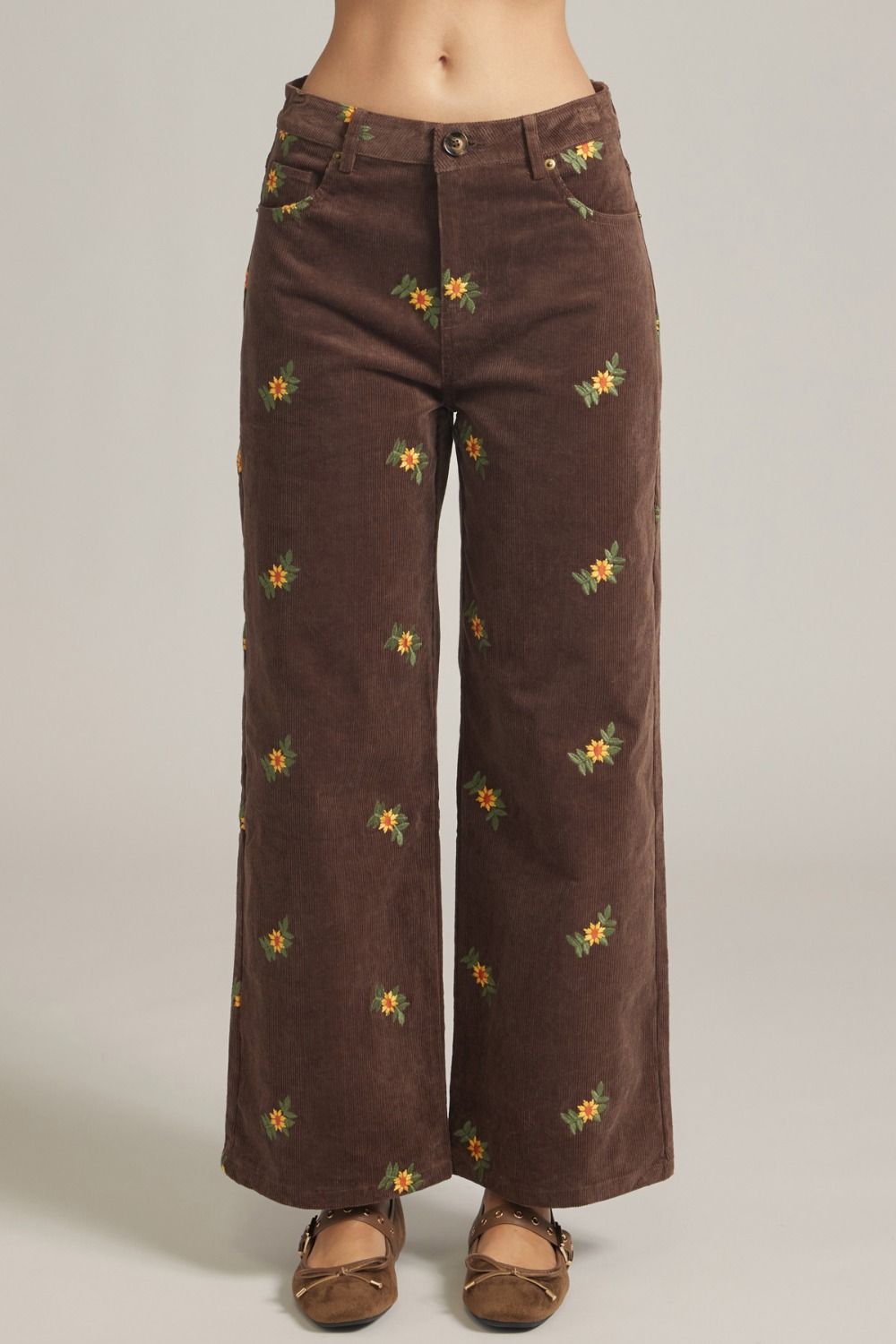 Entro Floral Embroidered Corduroy Wide Leg Pants