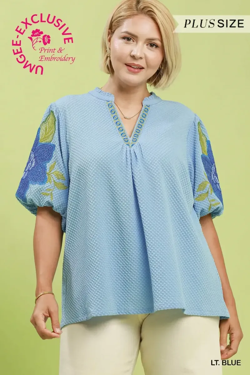Umgee Textured Jacquard V-Neck Bubble Sleeve Top PLUS