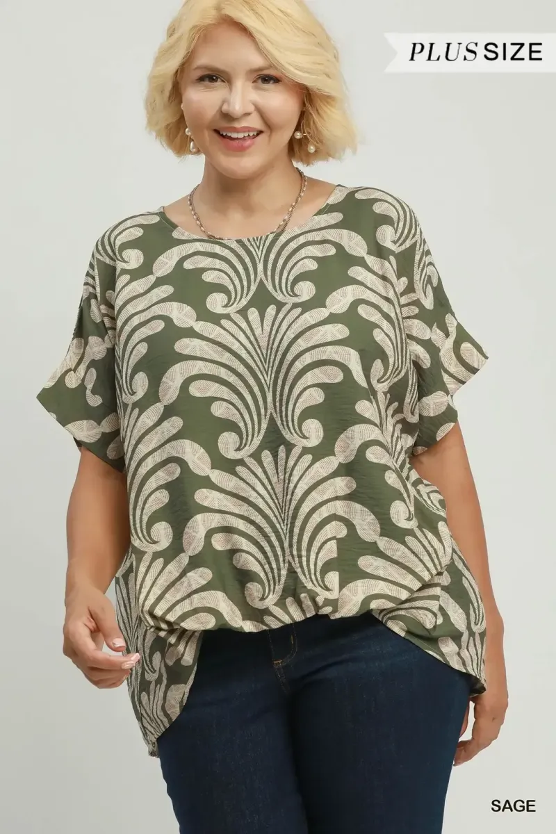 Umgee Abstract Botanical Print Relaxed Top PLUS