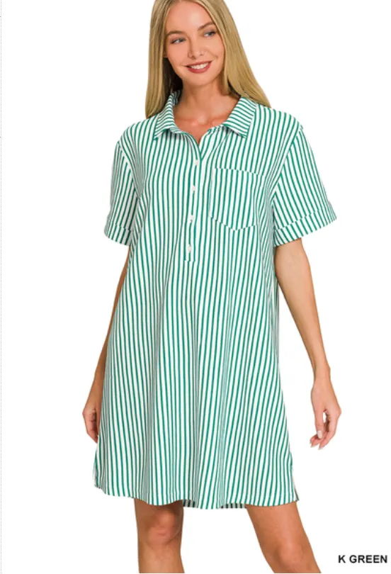 Zenana Stripe collared half button up t-shirts dress