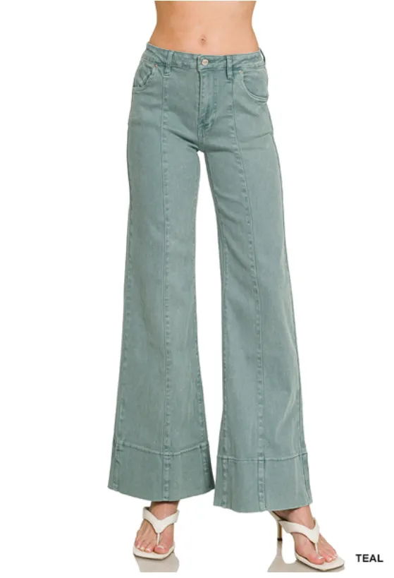 Zenana Mid rise wide leg color denim pants