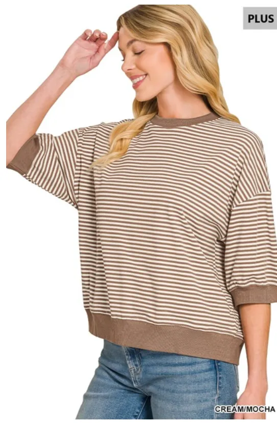 Zenana Plus striped contrast trim rib banded top