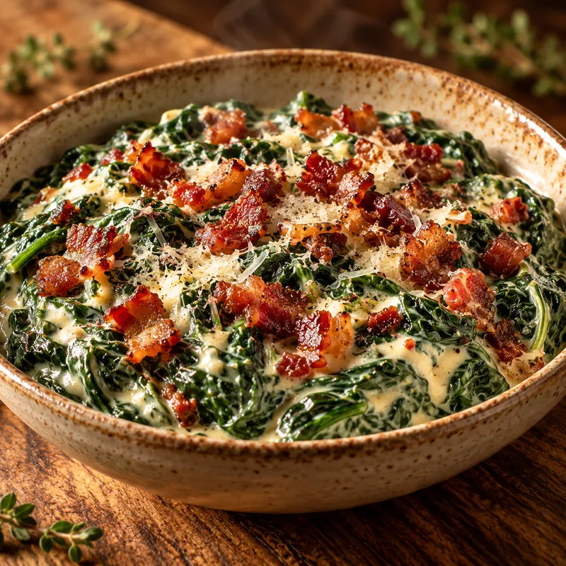 Rustic Creamed Spinach with Crispy Pancetta