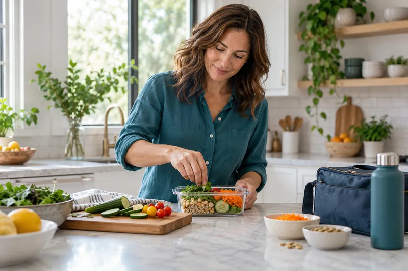 Woman preparing a balanced lunch in a bright kitchen