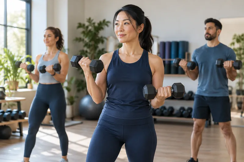 Adults exercising with dumbbells in an indoor fitness studio