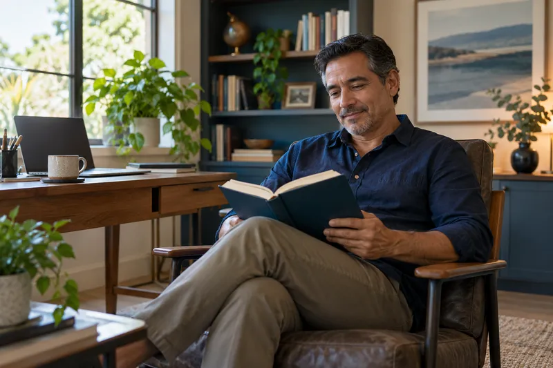 Man enjoying a reading break in his home office
