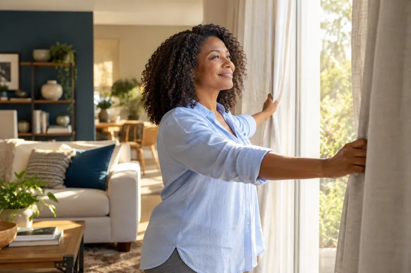 Woman opening the curtains in her living room