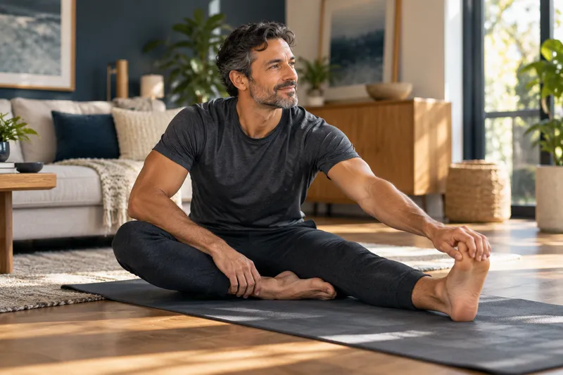 Man stretching gently on a mat at home