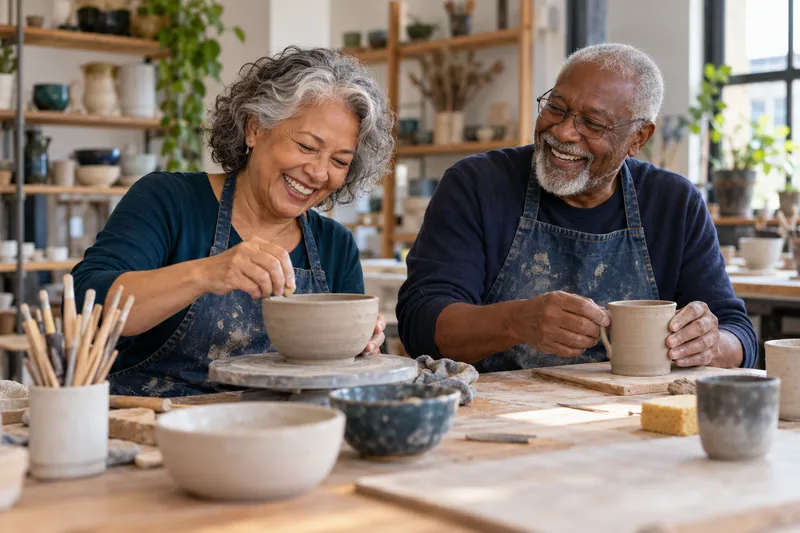 Older adults enjoying pottery together