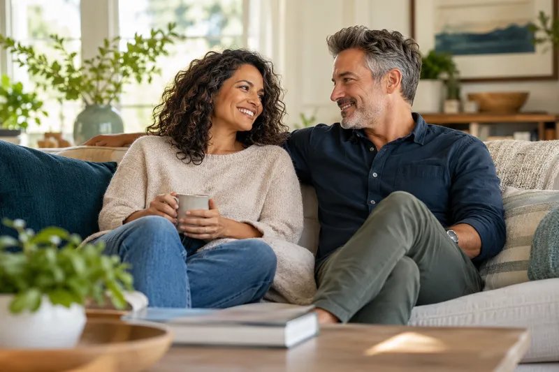 Adult couple sharing a relaxed conversation at home