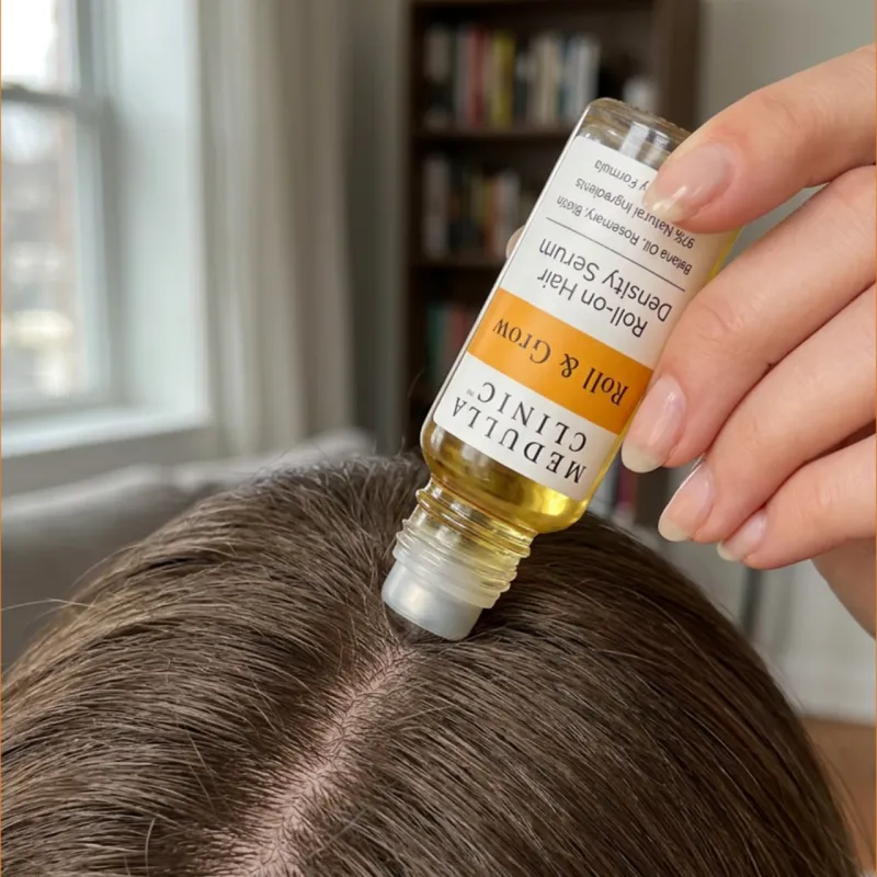 Applying Roll & Grow with the rollerball along a hair part