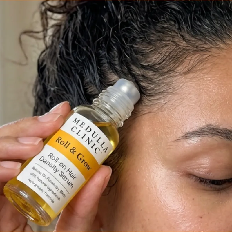 Applying Roll & Grow at the hairline on curly hair