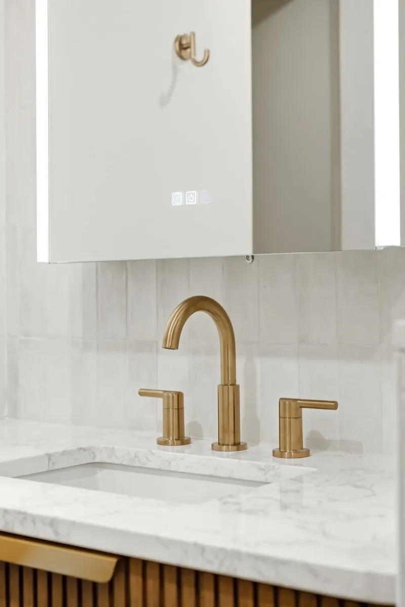 Brushed brass widespread faucet on marble vanity with zellige tile backsplash
