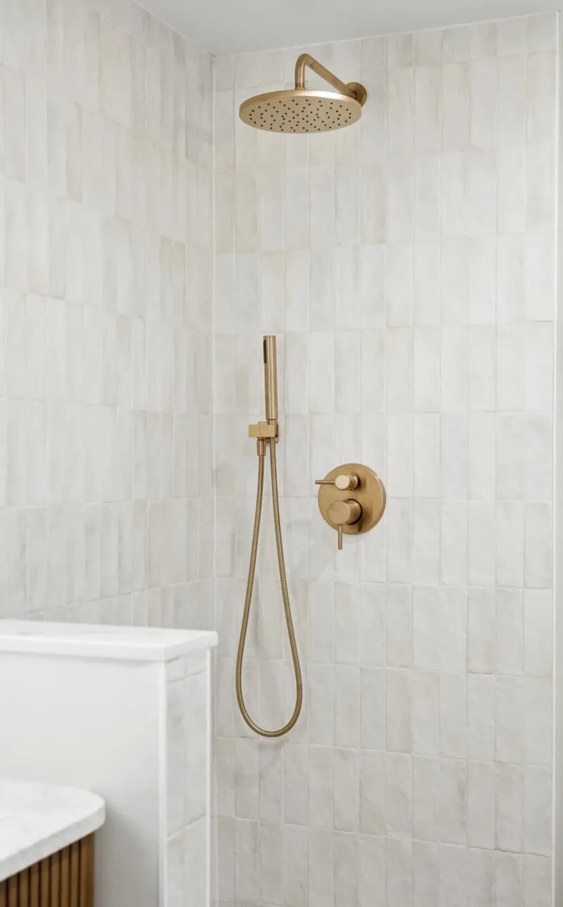 Walk-in shower with vertical zellige tile and brushed gold rainfall head and hand shower