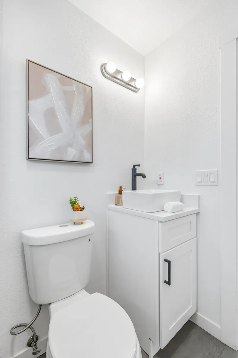 Powder bath with white vanity, matte black faucet and black vanity light
