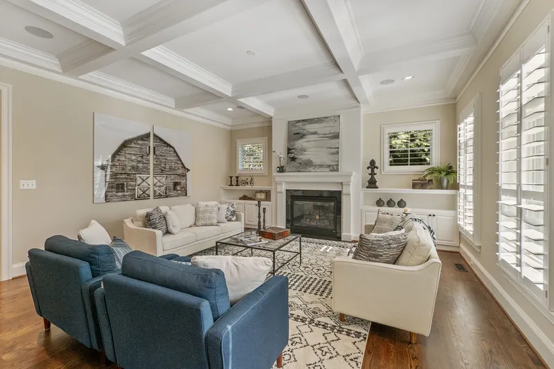 Living room with a coffered ceiling