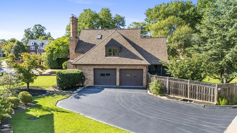 Elevated view of a home and driveway