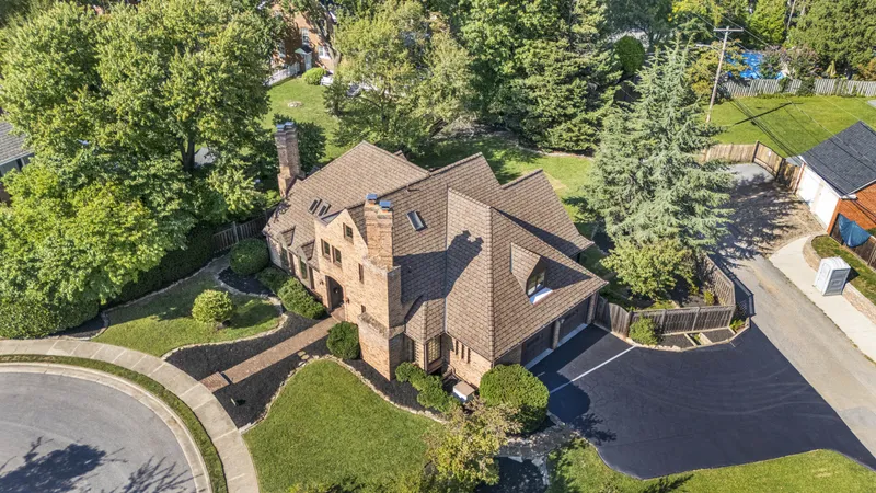 Aerial view of a stone home