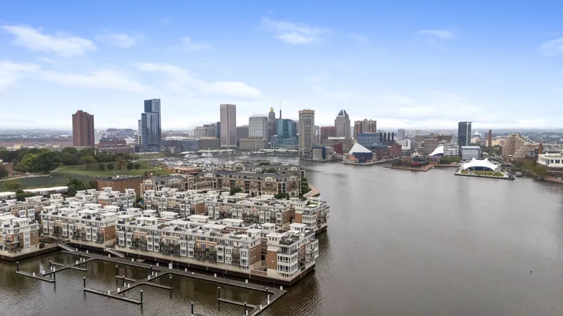 Aerial view of a waterfront skyline