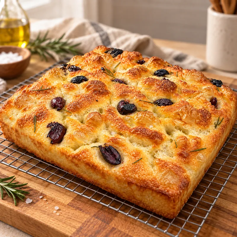 Golden Focaccia — Rosemary & Kalamata