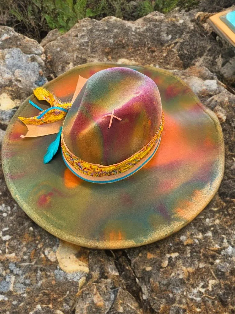 Faux Suede Wide Brim Burned & Painted Hats
