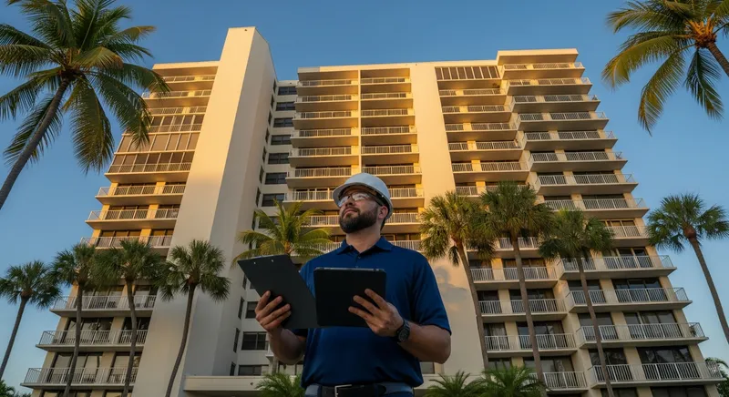 A man with a tablet in front of a coastal condominium tower