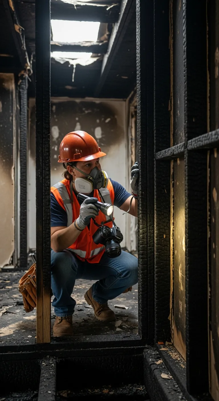 A worker in a hard hat and respirator beside a fire-charred wall