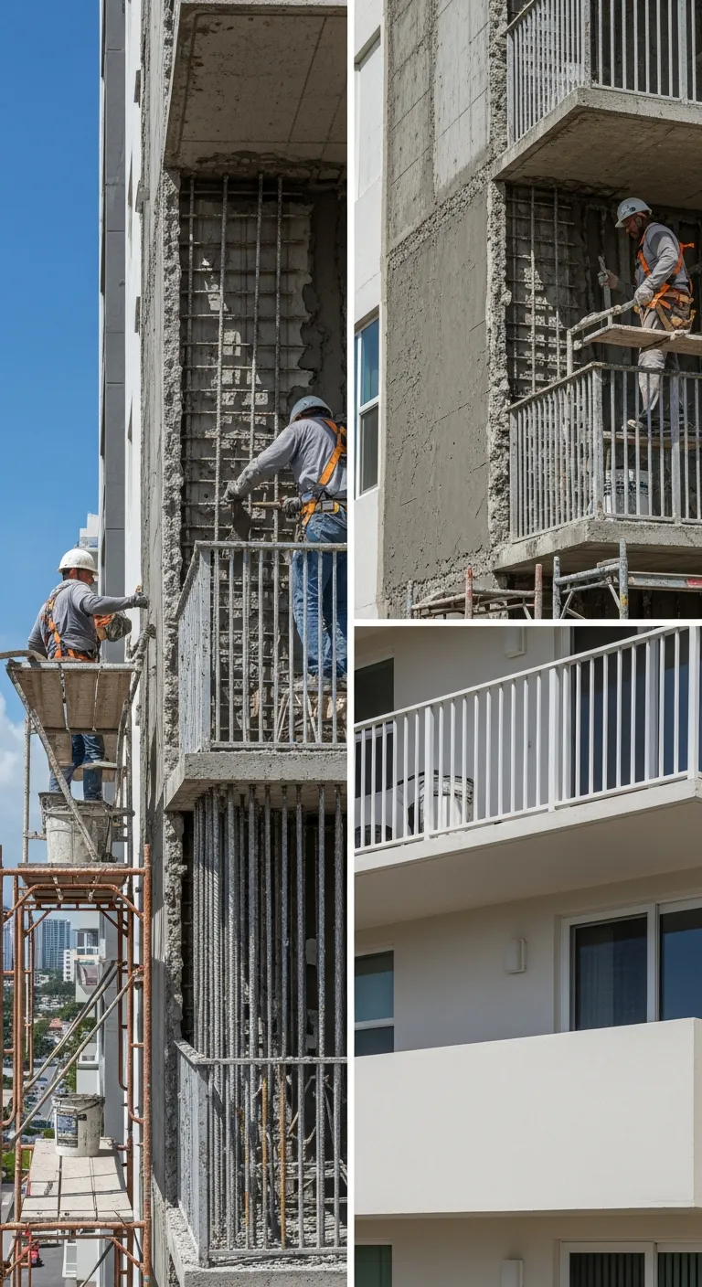 Balconies on a concrete building, a worker on scaffolding beside them