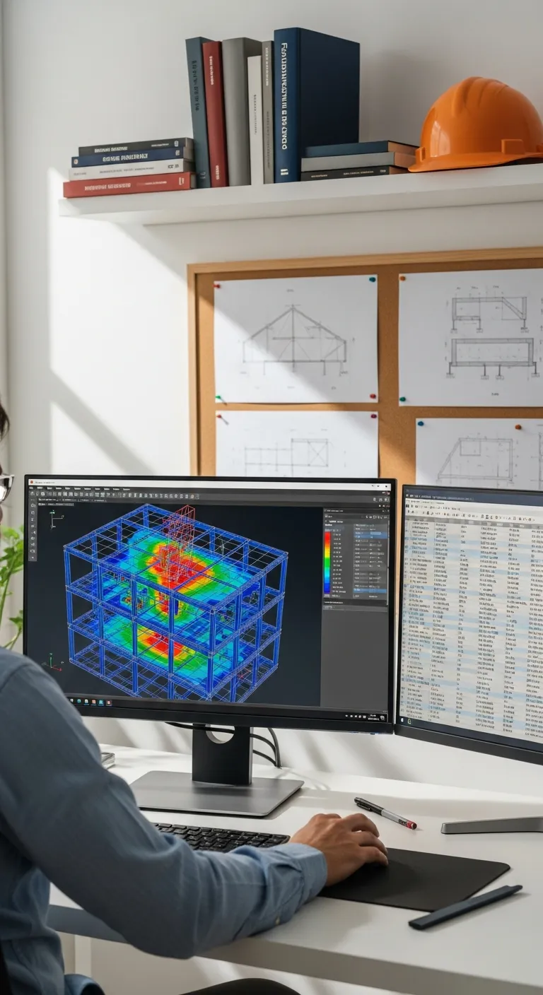A structural model of a building frame on a computer screen