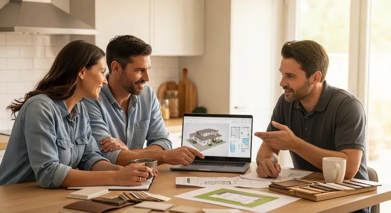 Three people at a kitchen table reviewing a house design on a laptop