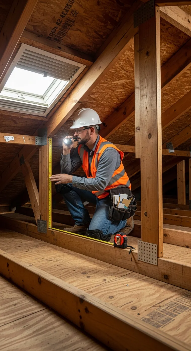 A man in a hard hat inspecting roof framing in an attic with a flashlight
