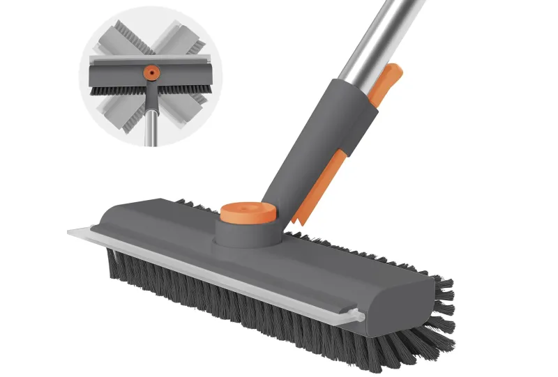 Floor Scrub Brush with Long Handle, 3 in 1 Scrape and Heavy-Duty Stiff Bristle Scrubber