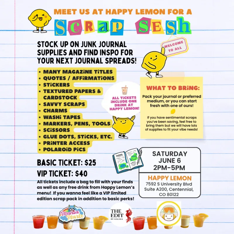 JUNE 6: Junk Journaling Scrap Sesh at Happy Lemon Centennial