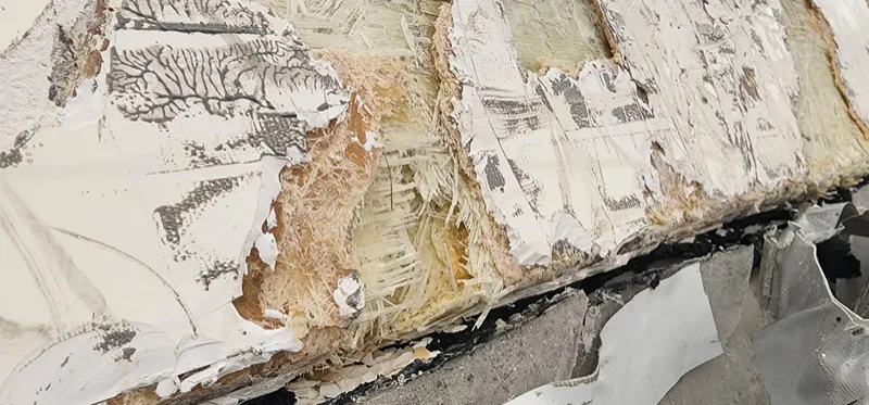 Hurricane damage to the hull side of a Princess S78, laminate crushed and exposed