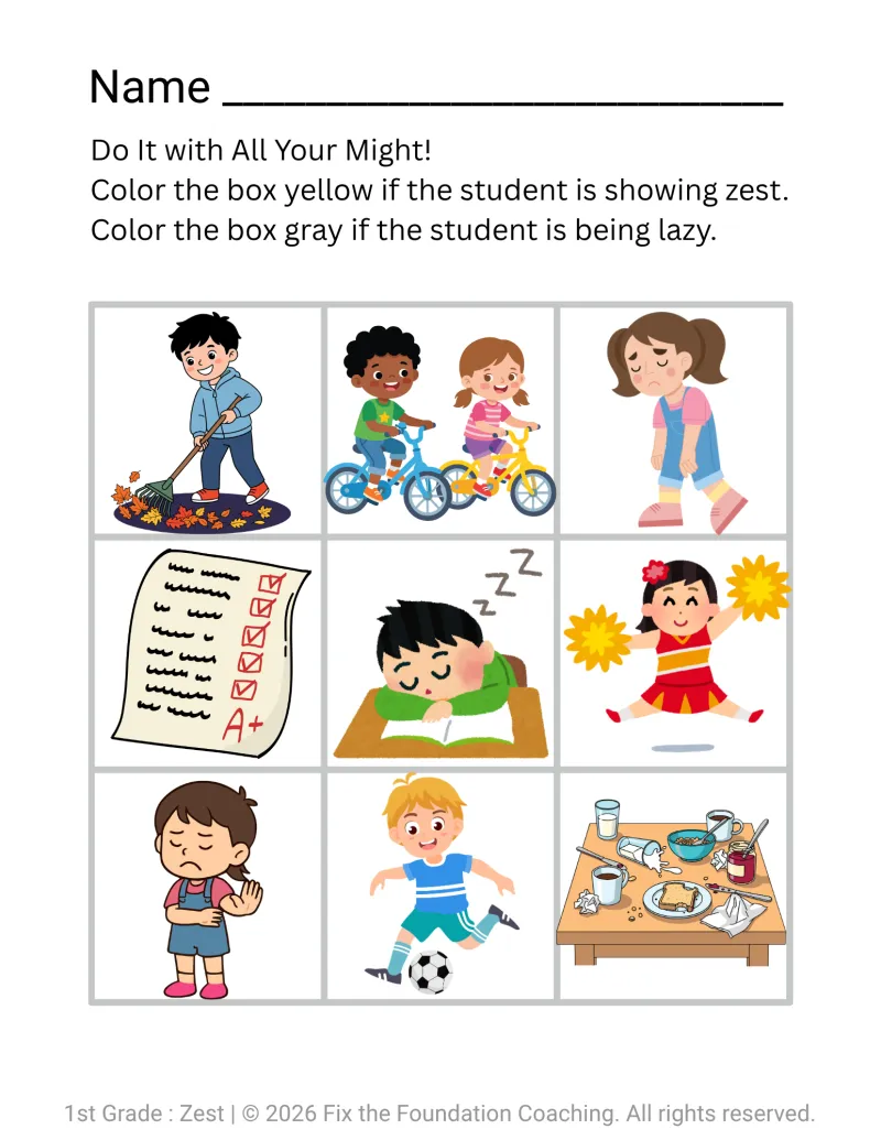Building Character in 1st Grade: Zest Lesson (Printable PDF)