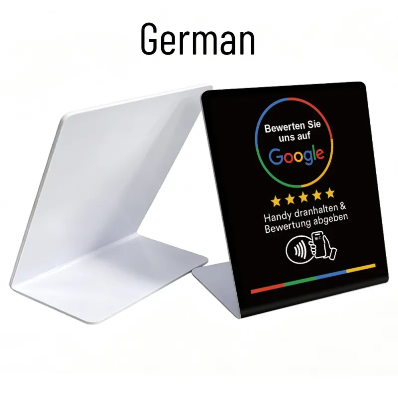 NFC Google Review Stand – German – Black | Bulk Packs (25–10,000)