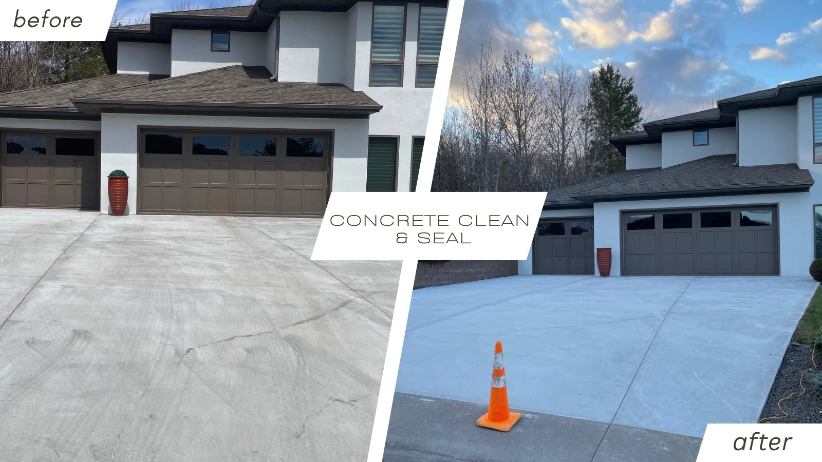 Concrete driveway before and after surface cleaning in Duluth, Minnesota