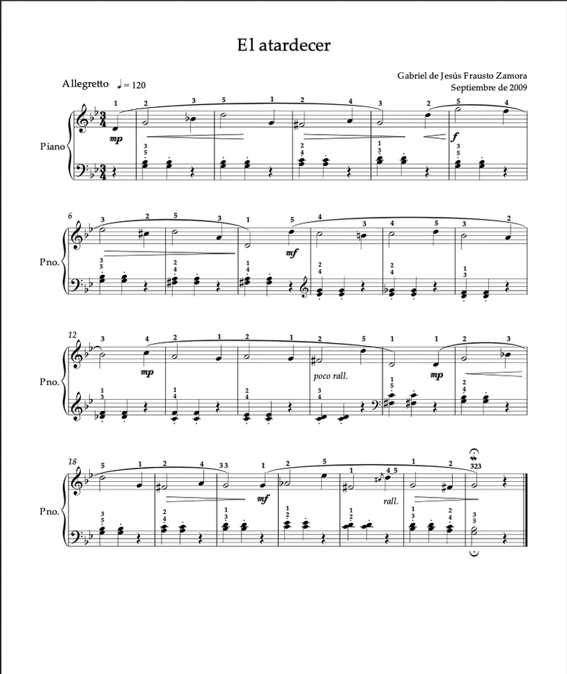 El Atardecer — Partitura para Piano Solo (en Sol)