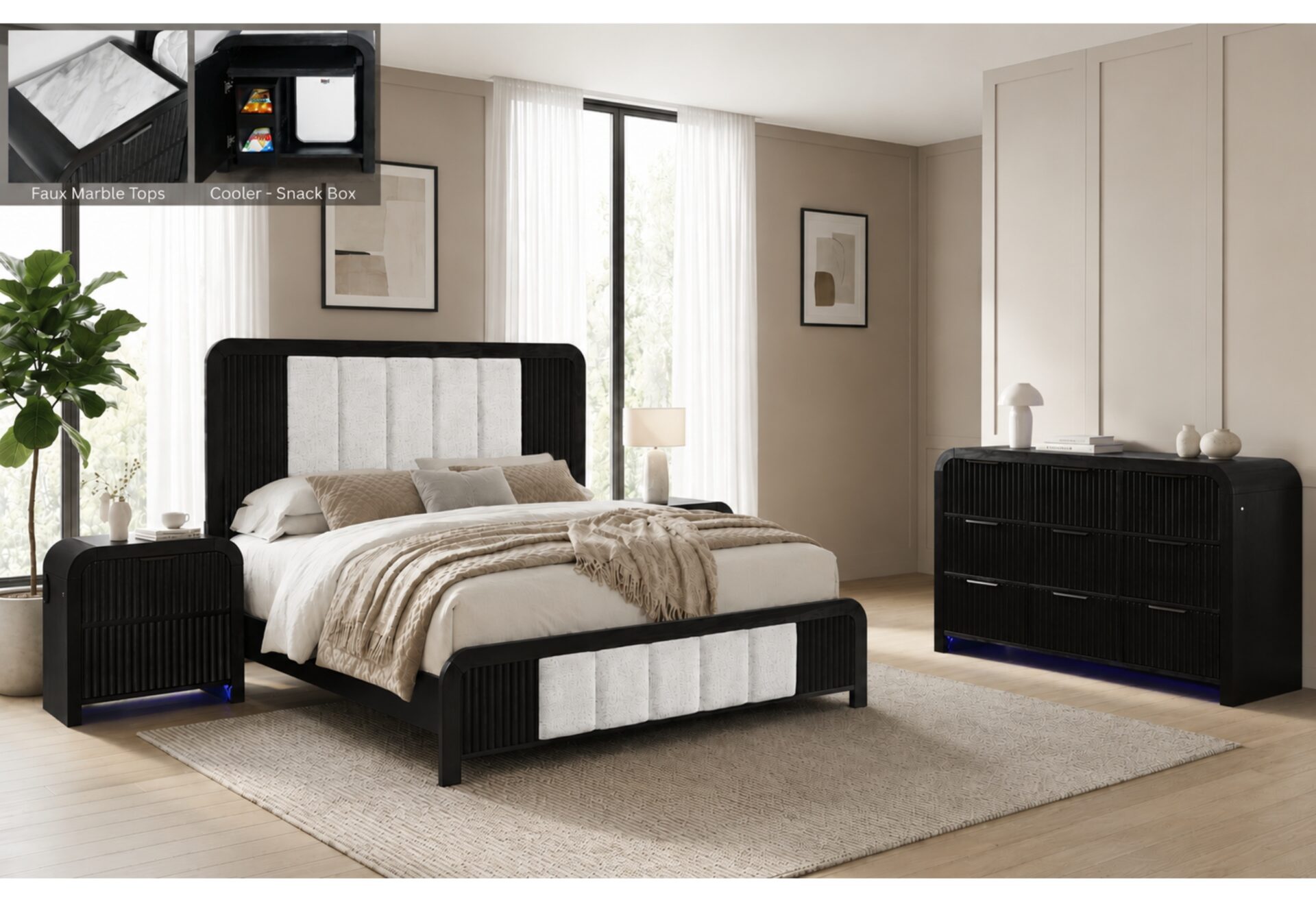 BECKETT WHT/BLK QUEEN BED, DRESSER, NIGHTSTAND W/COOLER
