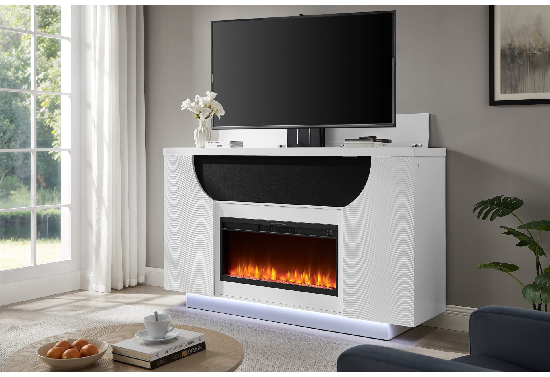 AVEENA WHITE 76" ENT UNIT WITH TV, LED, SPEAKERS, CRYSTAL AND POP-UP