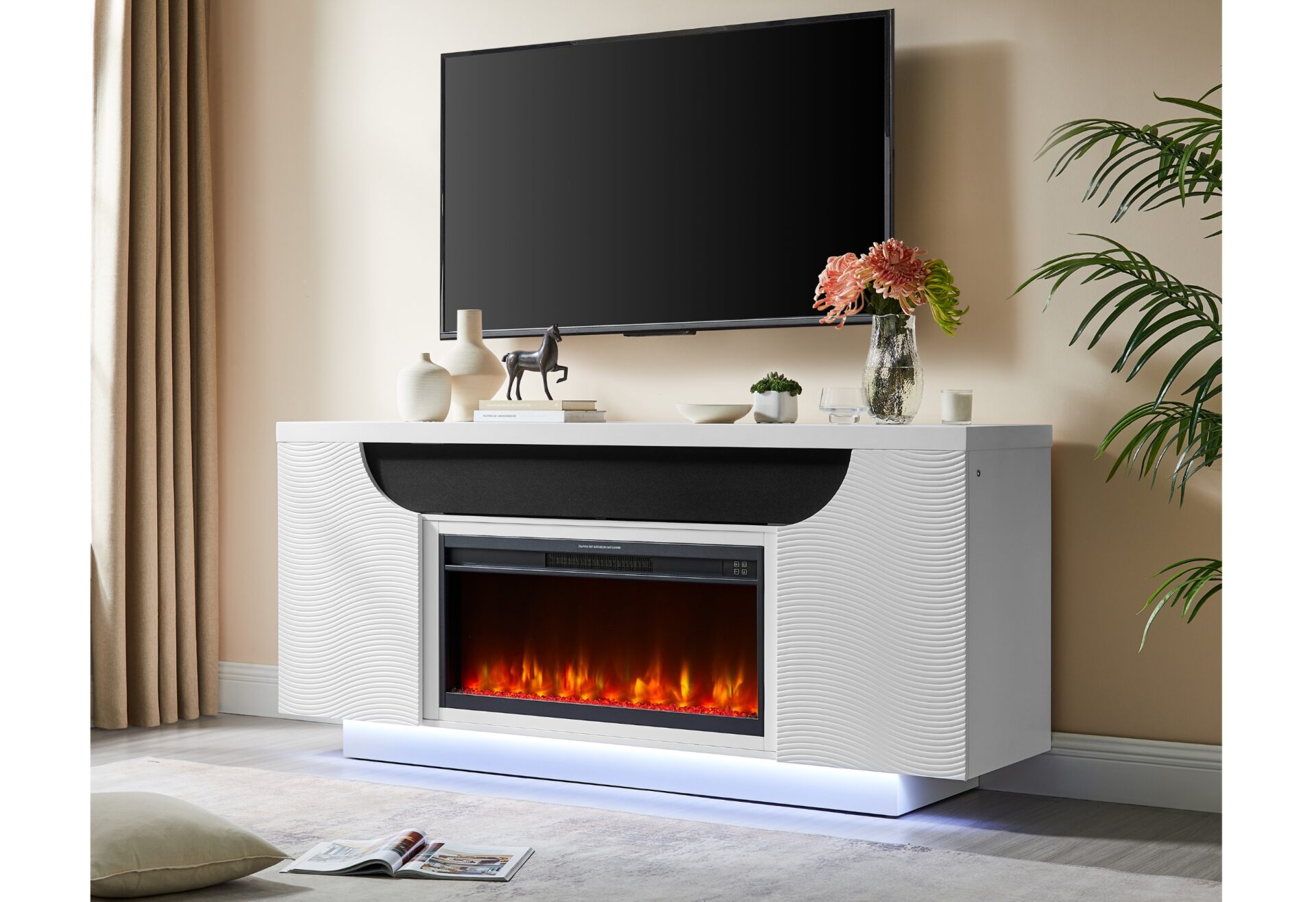 AILEEN WHITE 76" ENT UNIT W/LED, SPEAKERS, CRYSTAL AND POP-UP DOORS