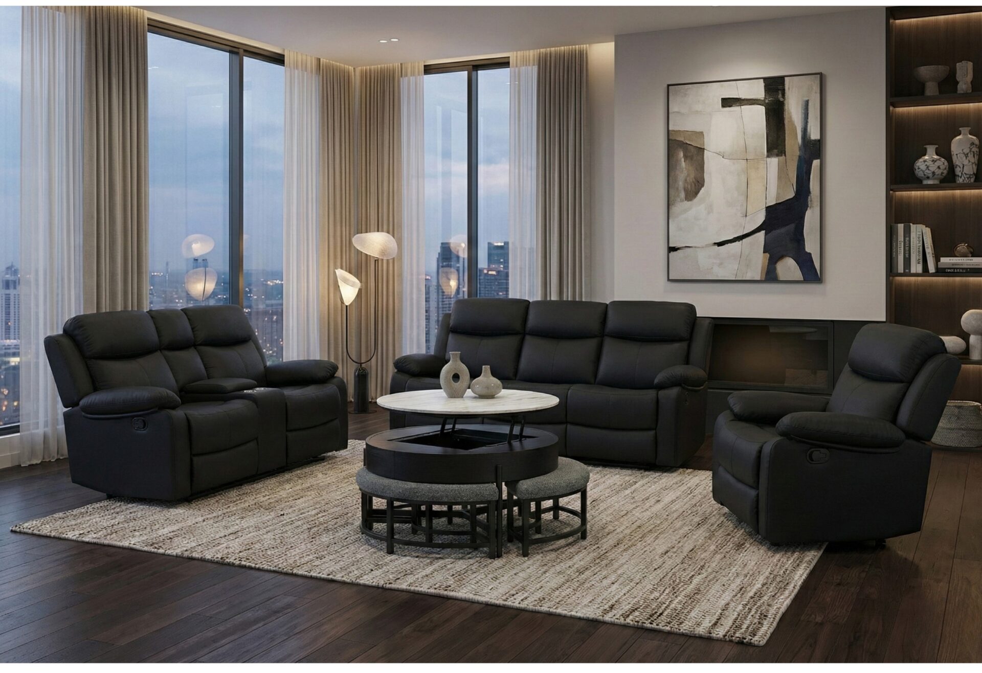 T42 BLACK COFFEE TABLE WITH 3 STOOLS