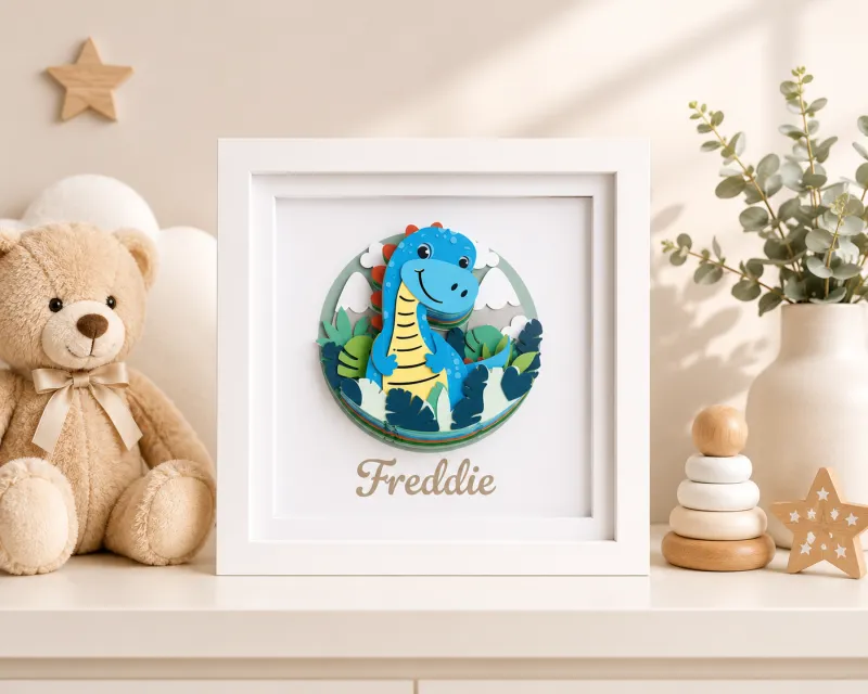Personalised Dinosaur  Baby Keepsake Frame. Handmade Nursery Gift
