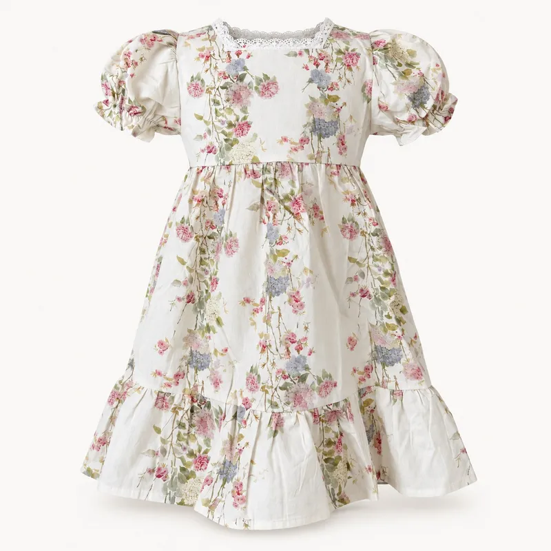 Cream Floral Vine Puff Sleeve Dress