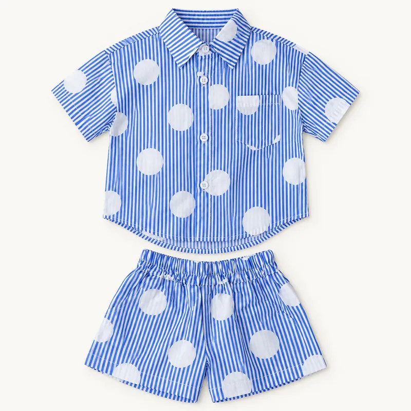 Blue Stripe Polka Dot Shirt & Shorts Set