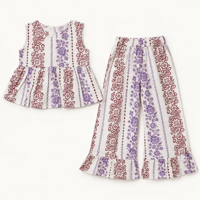 Boho Floral Stripe Peplum Top & Flared Pants Set