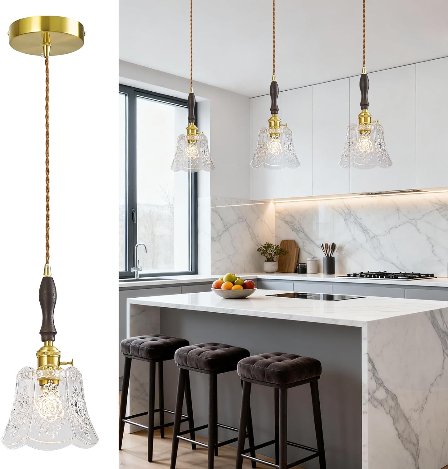 Retro Glass Pendant Light with Adjustable Height & Wooden Handle for DFW, North & East Texas