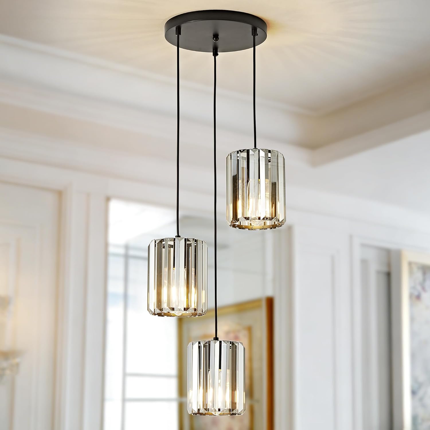3-Light Modern Black Crystal Chandelier & Adjustable Pendant