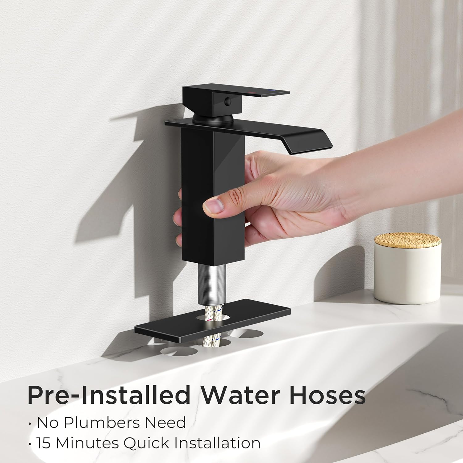 FORIOUS Modern Matte Black Waterfall Bathroom Faucet & Pop-Up Drain