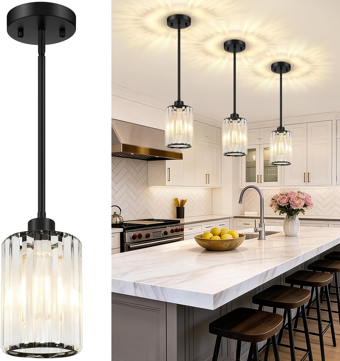 3-Pack Matte Black Crystal Pendant Lights for Kitchen Islands and Interior Upgrades